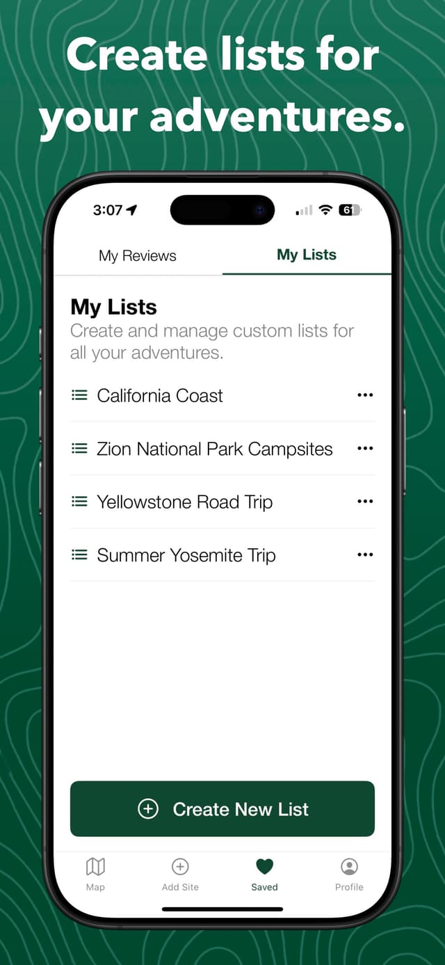 Custom lists for trip planning in Campsite